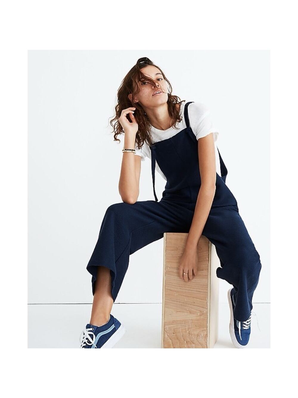 Madewell Texture & Thread Tie-Strap Overalls Deep Navy Blue ribbed H8193